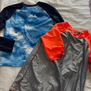 Kids' Performance Rash Guard Swim Top - Gray & Blue with Neon Orange Sleeves